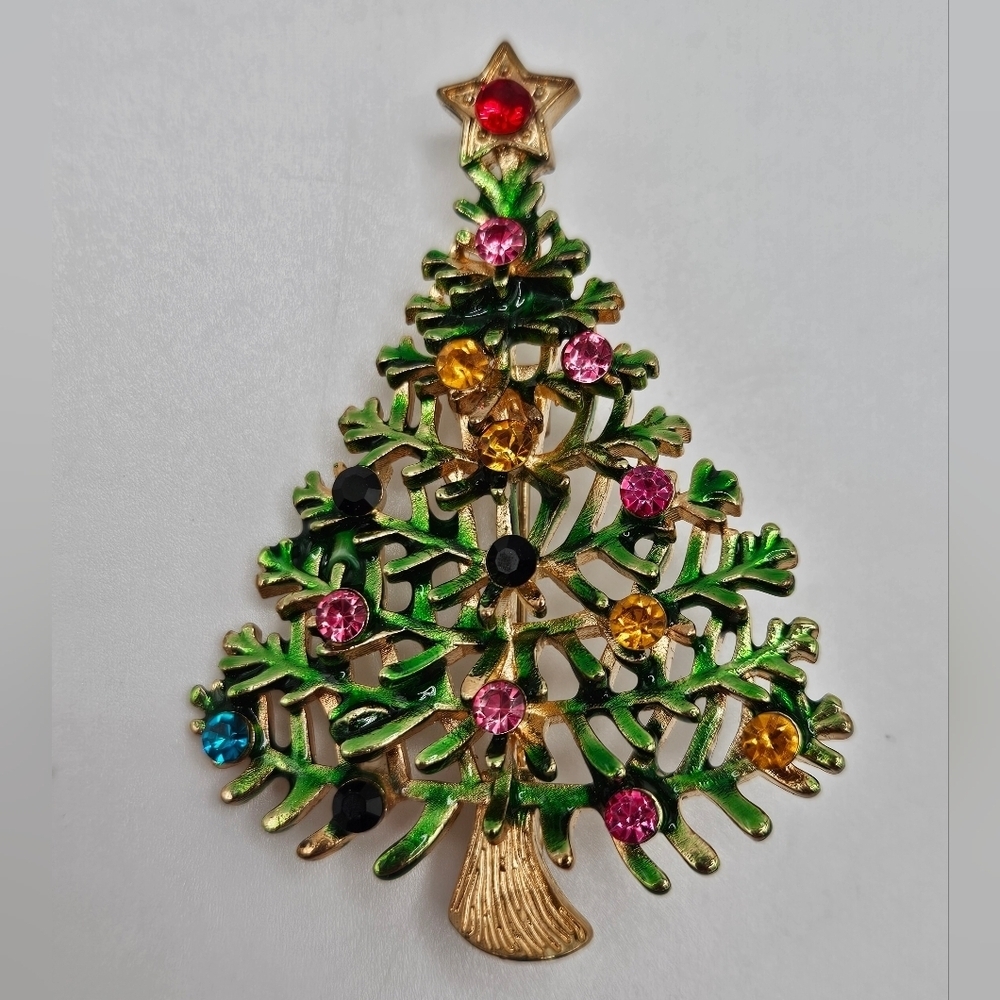 Colorful Rhinestone Accent Christmas Tree Gold Tone Brooch Pin Holiday